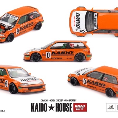 Miniatura de carro Honda Civic laranja e branco com inscrições Kaido House e Honda
