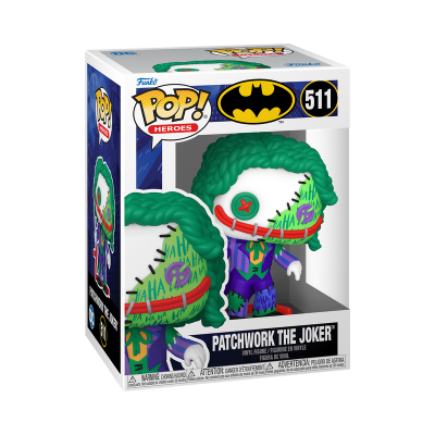 Figura POP! de Patchwork The Joker com cabelos verdes e roupa roxa na embalagem