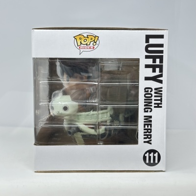 Embalagem branca de figura Pop! Rides com texto LUFFY WITH GOING MERRY e número 111