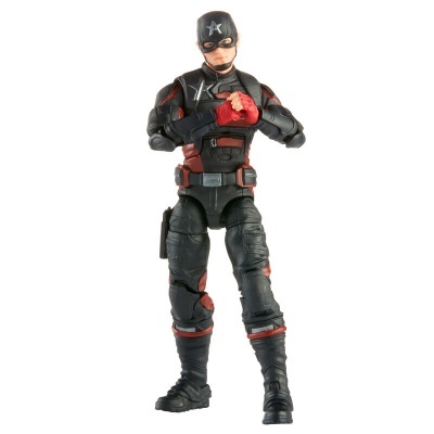 Figura de ação do Capitão América com uniforme preto e vermelho