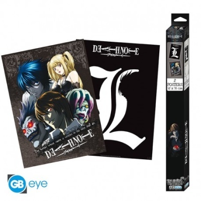 Posters do anime Death Note com personagens e símbolo em embalagem preta