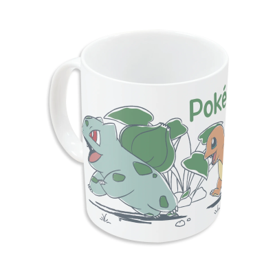 Caneca branca com personagens Pokémon coloridos e texto 