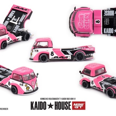 Miniatura de carro Volkswagen T1 Kaido Rad Van V1 rosa e preta em vários ângulos.
