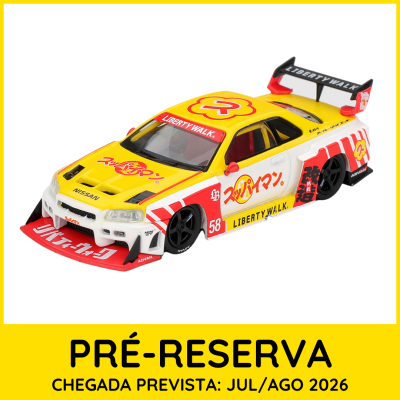 Miniatura de carro de corrida Nissan com decoração Liberty Walk em amarelo, branco e vermelho