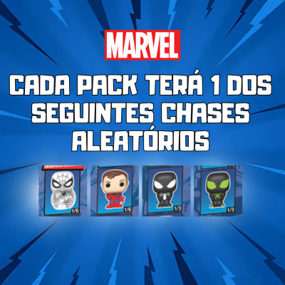 Promoção Marvel com 4 figuras colecionáveis e texto sobre packs aleatórios