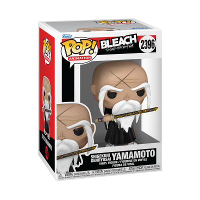 Figura Funko Pop Shigekuni Genryusai Yamamoto da animação Bleach numa caixa branca e vermelha