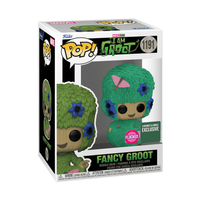 Figura Pop! Funko Bobble-Head Fancy Groot verde com flores roxas na caixa