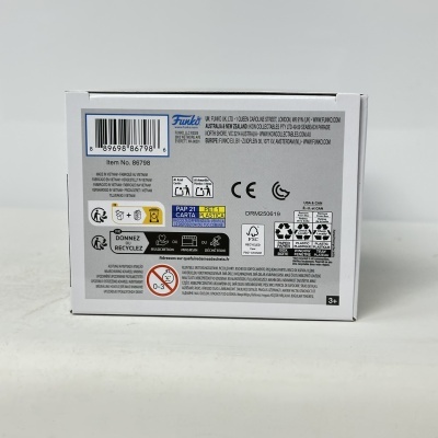 Embalagem branca com texto e códigos de reciclagem da Funko.
