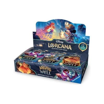 Caixa de booster pack de cartas Disney Lorcana com personagens animados e texto promocional.