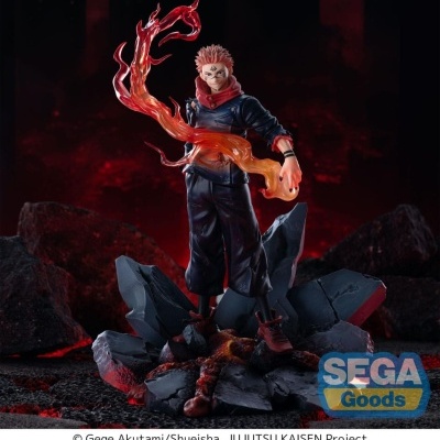 Figura colecionável de personagem de anime com efeitos de chamas em base decorativa