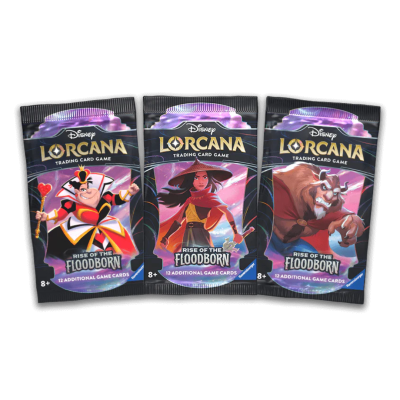 Pacotes do jogo de cartas Disney Lorcana com design colorido e texto RISE OF THE FLOODBORN.