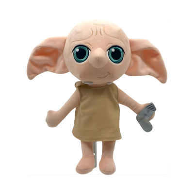 Boneco de peluche com olhos azuis e túnica castanha