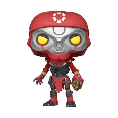 Boneco Funko Pop vermelho e cinzento com olhos amarelos e luva dourada