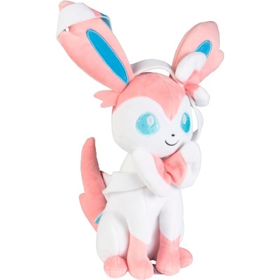 Pelúcia da personagem Sylveon rosa e branco com laço, em fundo branco