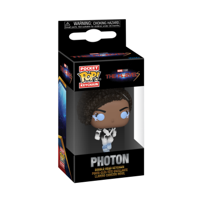 Chaveiro Funko Pop Photon em caixa preta com detalhes em branco e azul