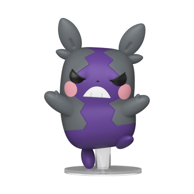 Figura de brinquedo cinzenta e roxa com expressão zangada e base transparente