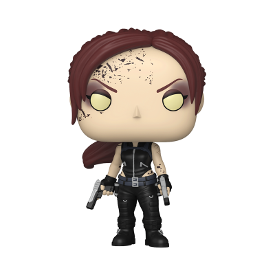 Figura Funko Pop feminina com roupa tática preta e pistolas