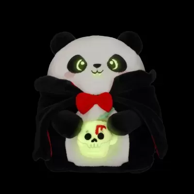 Pelúcia panda vampiro com capa preta e caveira luminosa