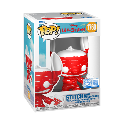 Funko Pop! Stitch com gráfico de humor, vinil, vermelho e branco, embalagem exibindo a figura
