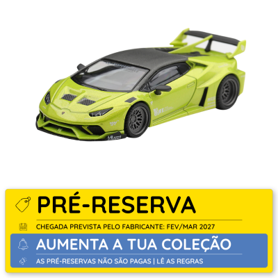 Modelo de carro desportivo verde lima com detalhes em preto sobre fundo branco, texto de pré-reserva em fundo amarelo