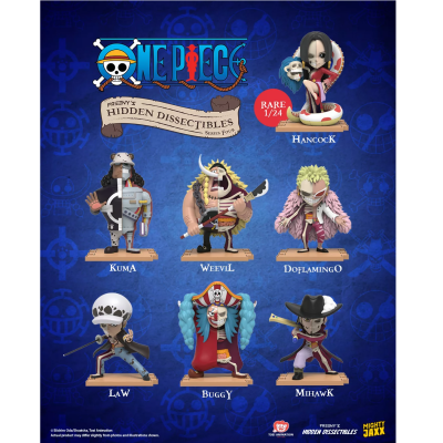 Poster promocional com seis figuras de personagens One Piece e textos de identificação