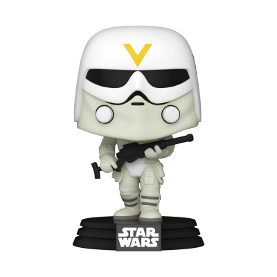 Boneco Funko Pop Star Wars com capacete branco, V amarelo, e roupa branca segurando arma preta