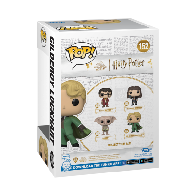 Caixa POP! Harry Potter Gilderoy Lockhart número 152 com imagens dos personagens da coleção