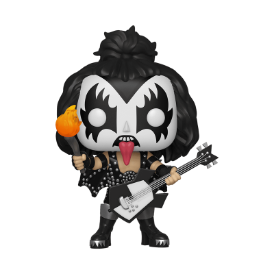 Boneco Funko Pop com maquiagem preta e branca, guitarra elétrica e tocha com chama