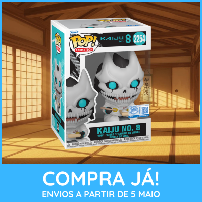 Figura Funko Pop! Kaiju No. 8 em embalagem original sobre chão de madeira interior