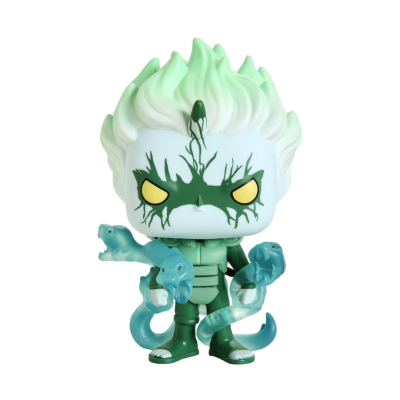 Boneco Funko Pop de personagem com cabelo esbranquiçado e verde e serpentes azuis
