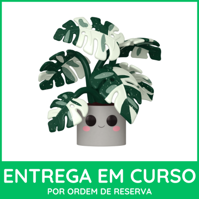 Planta artificial em vaso cinza com rosto sorridente e texto de entrega em português.