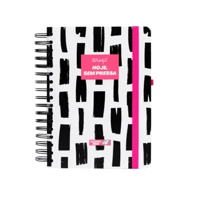 Agenda 2027 com capa branca e preta com elástico rosa