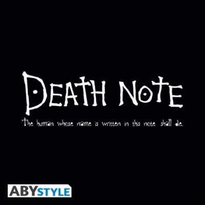 Texto DEATH NOTE branco sobre fundo preto com frase e logo ABYSTYLE
