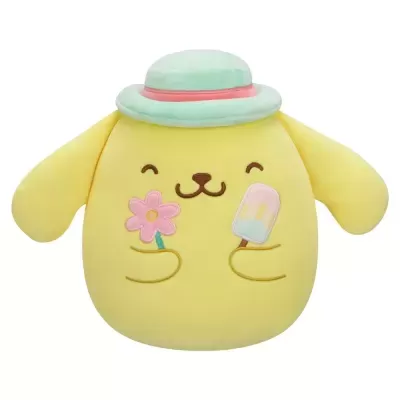 Pelúcia amarela sorridente com chapéu azul e rosa, segurando flor e gelado bordados