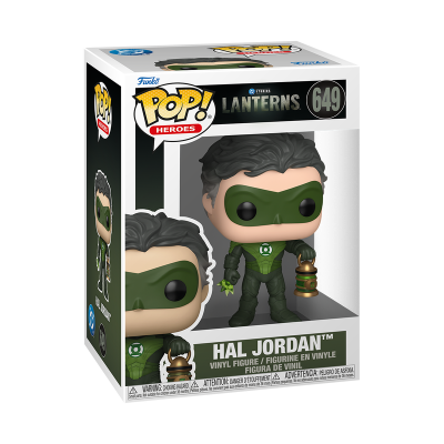Figurinha de vinil Funko Pop! de Hal Jordan com fato e máscara verdes e lanterna numa caixa de embalagem