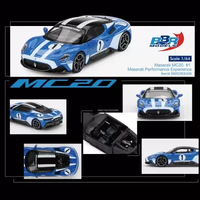 Miniatura de Maserati MC20 azul e branco com número 1 e detalhes de corrida.