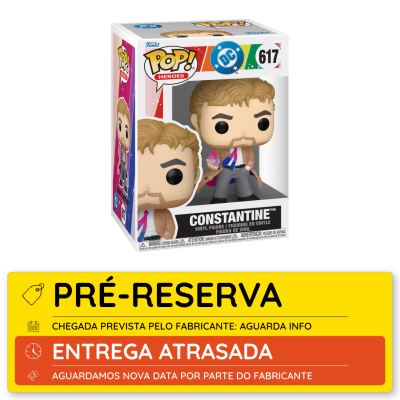 Figura vinil Pop! Heroes Constantine na caixa com aviso de pré-reserva e entrega atrasada
