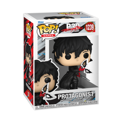 Figura Funko Pop Protagonist do jogo Persona 5 Royal numa caixa com design branco, vermelho e preto