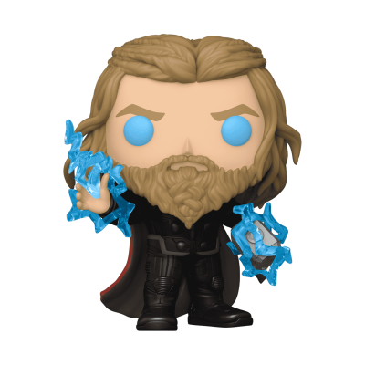 Figura Funko Pop de personagem masculino com cabelo e barba castanhos, roupa preta, capa vermelha e raios azuis nas mãos