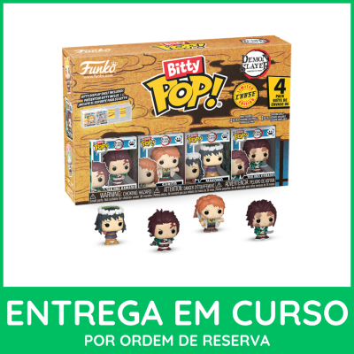 Pack de quatro figuras vinil Bitty Pop! Demon Slayer Tanjiro, Sarito, Makomo em caixa castanha com padrão madeira