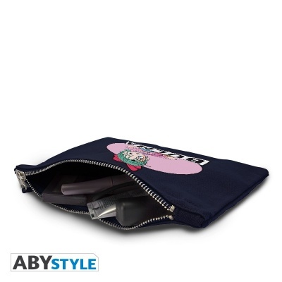 Bolsa pequena azul escura com fecho e estampa colorida