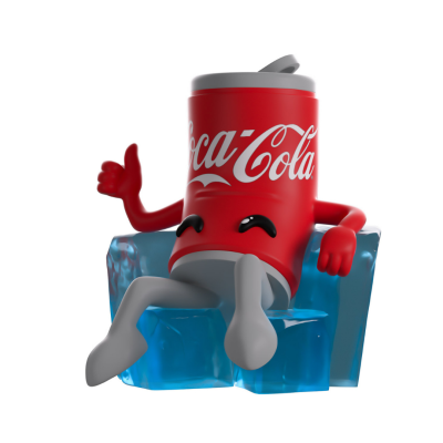 Lata animada de Coca-Cola sentada num cubo de gelo azul.