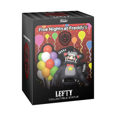 Embalagem da estátua colecionável Lefty do Five Nights at Freddy's com balões coloridos no fundo