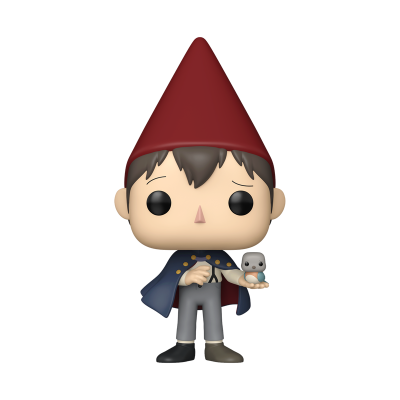 Boneco Funko Pop com chapéu vermelho e capa azul a segurar figura pequena cinzenta