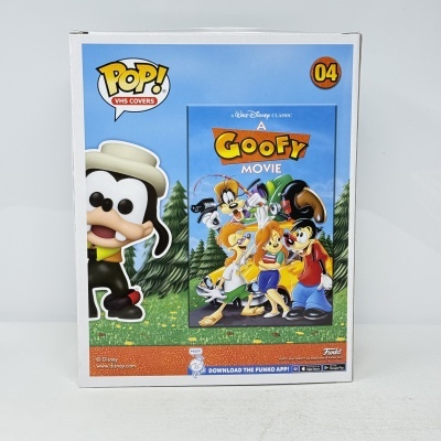Caixa Funko Pop! com design VHS do filme A Goofy Movie, personagem Disney e fundo colorido