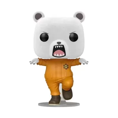 Figura colecionável de urso branco com fato laranja