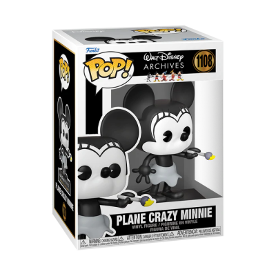 Boneco Funko Pop! Plane Crazy Minnie em caixa transparente com detalhes preto, branco e cinza.