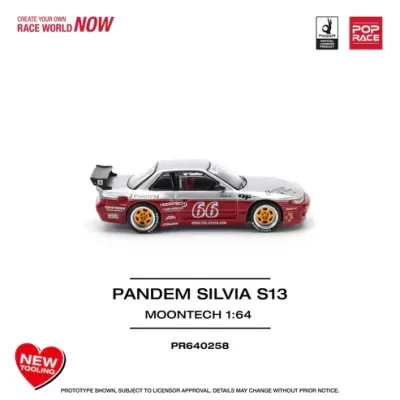 Miniatura de carro desportivo vermelho e branco Pandem Silvia S13 com jantes amarelas e número 66
