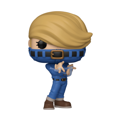 Figurinha colecionável Funko Pop com cabelo loiro e máscara azul.