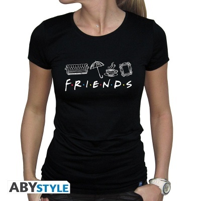 Camiseta preta com estampado FRIENDS e desenhos em branco e cores